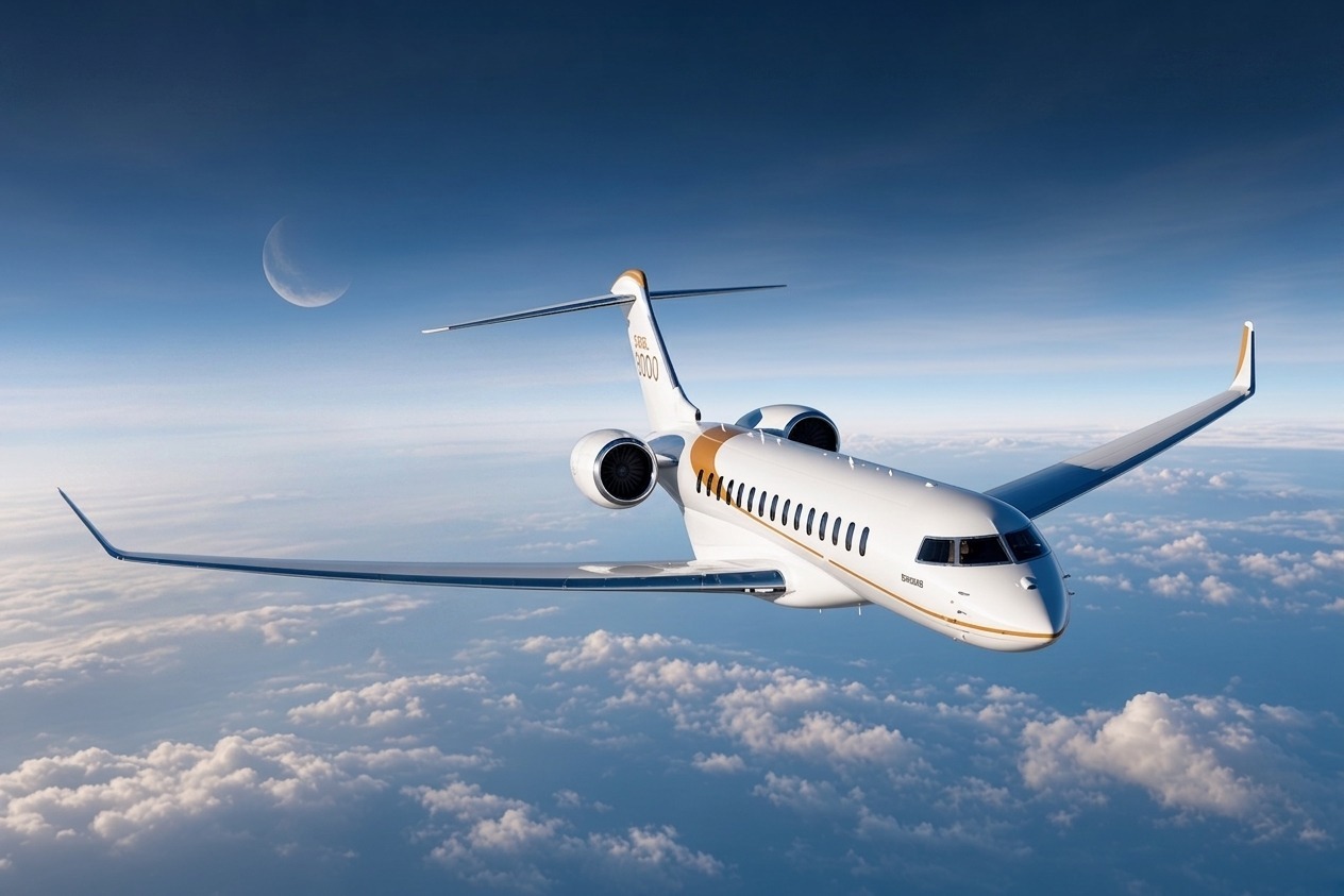 Private luxury jet flying above the clouds
